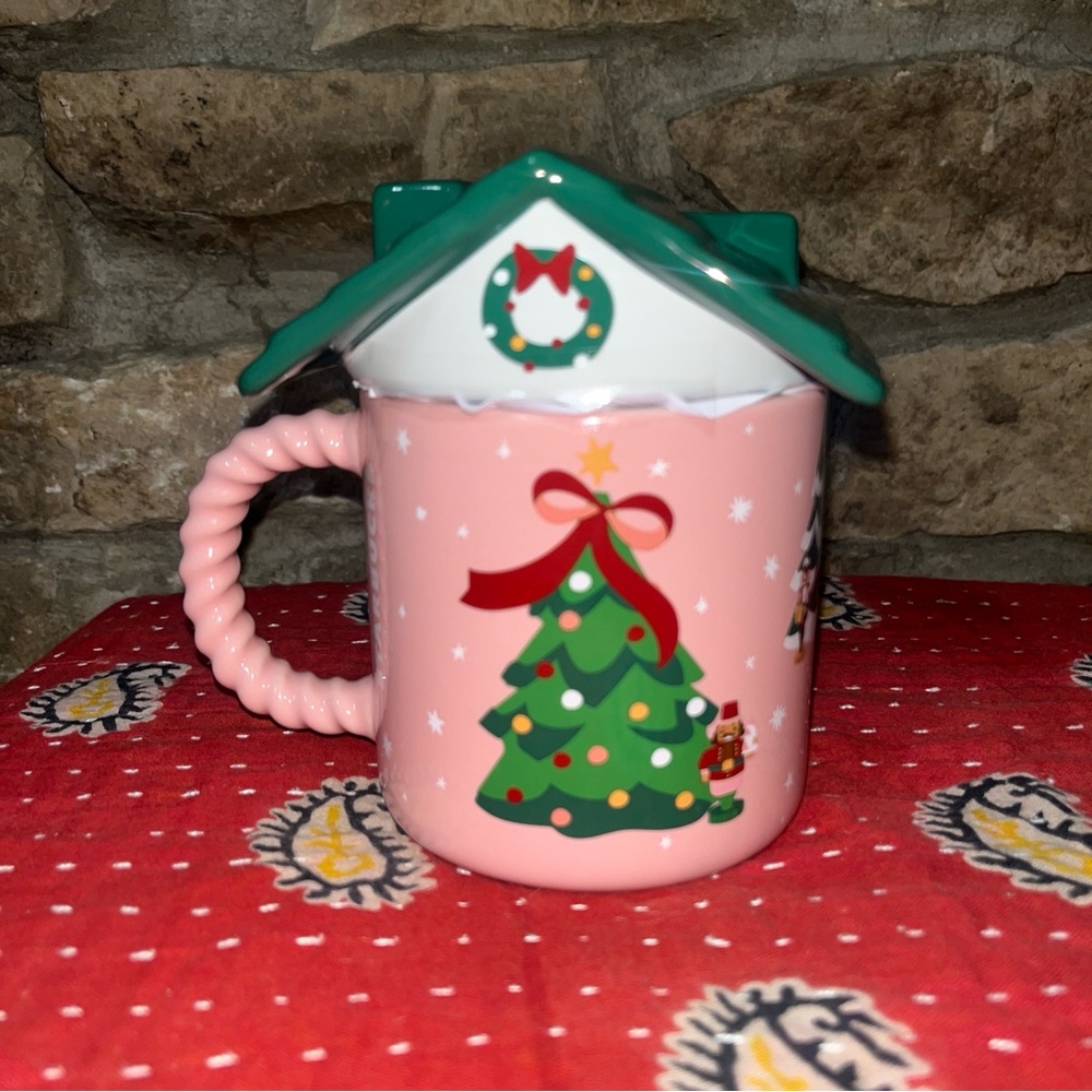 NWT Starbucks HOLIDAY 2025 Pink Mug with Green Roof Lid 14oz 414ml LTD EDITION